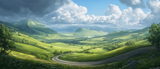 Wall Mural - Serene highland landscape showcasing vibrant green hills under a bright blue sky with fluffy white clouds winding road traversing the lush valley
