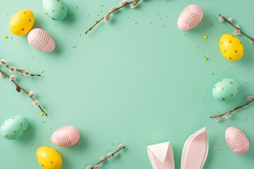 Wall Mural - a festive easter-themed composition with colorful decorated eggs and bunny ears against a pale green