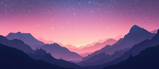 Wall Mural - Serene sunset over mountain silhouettes beneath a starry night sky featuring gradients of purple, pink, and deep blue tones in the landscape.