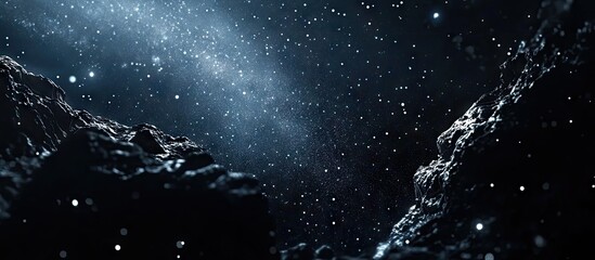 Cosmic landscape featuring the Milky Way galaxy illuminated against a dark, star-filled sky with rocky foreground elements in deep black and blue tones.