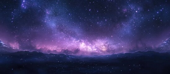 Wall Mural - Night panorama showcasing the Milky Way with deep purples and blues, stars scattered across the sky above a silhouette of distant mountains.