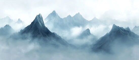 Wall Mural - Misty mountain landscape with peaks in shades of blue and gray, surrounded by soft clouds and fog, creating a serene and ethereal atmosphere.