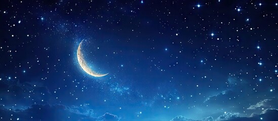 Wall Mural - Panoramic night sky featuring a deep blue background with twinkling stars and a crescent moon positioned on the left, creating a serene atmosphere.