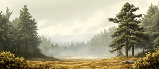 Wall Mural - Misty landscape with a lush fir forest in faded green and brown tones, featuring soft fog and distant trees creating a serene atmosphere.