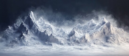 Wall Mural - Majestic snow-covered mountain peaks under dramatic dark sky with swirling clouds creating a sense of mystery and grandeur in the landscape.