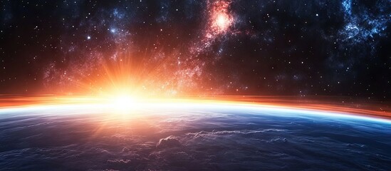 Wall Mural - Stunning sunrise over Earth with vibrant orange and blue hues, depicting a cosmic landscape and starry universe in serene space environment