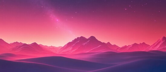 Wall Mural - Vibrant pink and purple mountains under a starry sky with the Milky Way stretching across the horizon in a serene summer night landscape