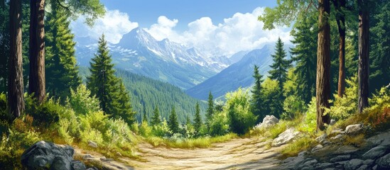 Wall Mural - Panoramic view of a vibrant green forest with tall pine trees on both sides under a bright blue sky with fluffy clouds and distant mountain peaks.