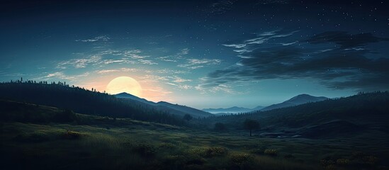 Wall Mural - Tranquil countryside landscape at dusk with a rising moon, soft blue hues, and silhouetted mountain outlines under a twilight sky.