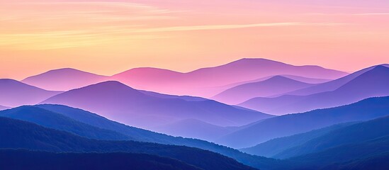 Wall Mural - Serene layered mountains at sunset with hues of purple and pink over a calm landscape, showcasing a tranquil summer evening vista.