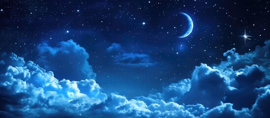 Wall Mural - Serene night sky with deep blue hues, illuminated by a crescent moon and scattered stars above soft, fluffy clouds in lower half of image.