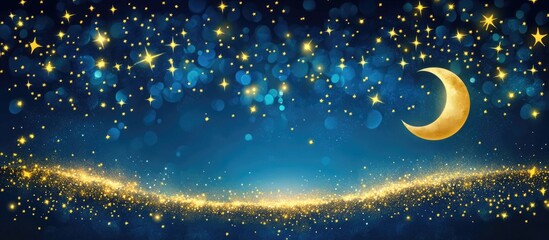 Wall Mural - Night sky scene with golden crescent moon on right, shimmering stars in deep blue backdrop, dotted with glowing particles along a wavy line.