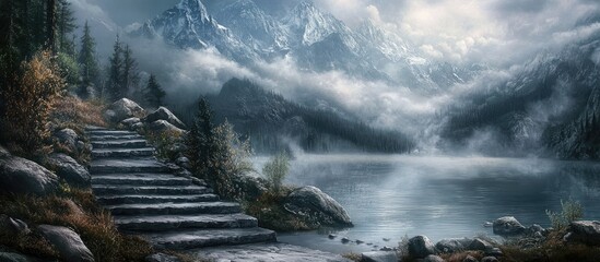 Wall Mural - Misty silver mountain landscape featuring a winding stone pathway on the left leading to a tranquil lake with foggy mountainous backdrop.