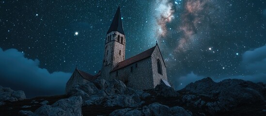 Wall Mural - Castle tower illuminated under a starry sky with the Milky Way above, surrounded by natural stone formations and a tranquil night landscape.
