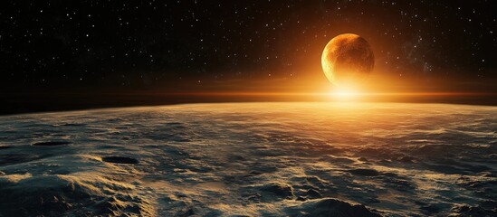 Wall Mural - Celestial landscape featuring a radiant moonrise over a textured, illuminated planet surface against a dark, starry sky with warm orange tones.