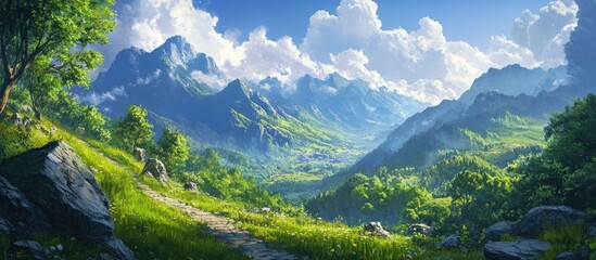 Wall Mural - Serene summer landscape showcasing a winding mountain path on lush green hills, with vibrant greens and clear blue sky framing majestic peaks in background.