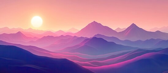 Wall Mural - Majestic mountains silhouetted against a warm sunset sky with vibrant pink and purple hues creating a serene natural landscape.