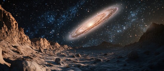 Wall Mural - Stunning night sky view featuring the Andromeda galaxy with glowing rings, meteor shower, and rugged terrain illuminated by cosmic light.