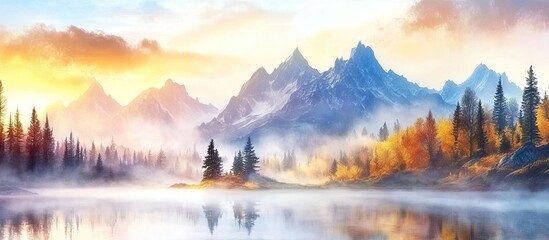 Wall Mural - Serene mountain range at dawn with vibrant orange and yellow skies, tranquil reflections in foggy lake, pine trees silhouettes in foreground.