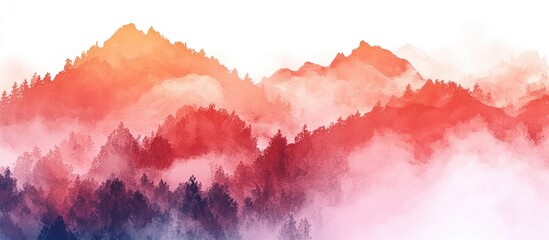 Wall Mural - Morning fog envelops vibrant mountain silhouettes in hues of orange, pink, and purple, creating a serene and dreamy landscape scene.