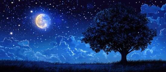Wall Mural - Serene night sky filled with twinkling stars and a bright full moon, silhouetted tree in the foreground against a gradient blue backdrop