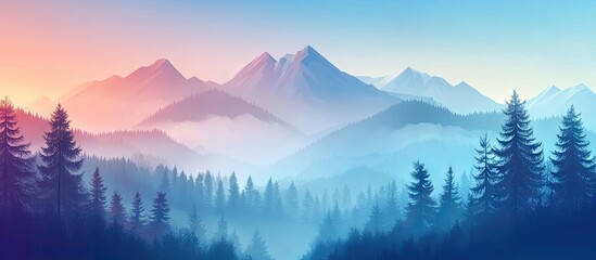 Wall Mural - Misty mountain landscape at dawn with soft pink and blue hues, featuring dark fir trees in foreground and tranquil foggy atmosphere