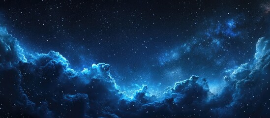 Wall Mural - Panoramic view of a surreal night sky filled with vibrant blue clouds and twinkling stars set against a dark backdrop of the Milky Way