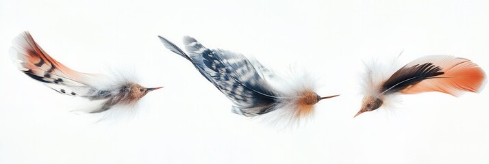 Leinwandbilder - Soft feathers floating gently in a dreamlike arrangement on a white backdrop with serene high key lighting