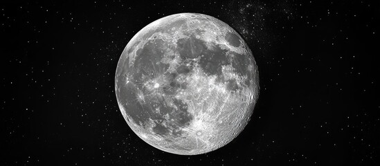 Wall Mural - Full moon illuminated in clear night sky with scattered clouds and stars creating a serene cosmic atmosphere in shades of dark blue and gray.