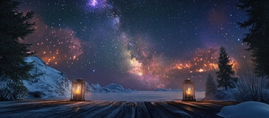 Wall Mural - Panorama of a starry night sky featuring the Milky Way arching over a serene snowy landscape with lanterns glowing warmly on a wooden dock