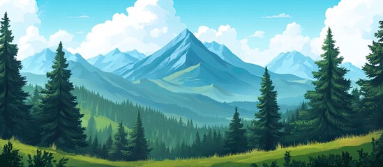 Wall Mural - Scenic mountain landscape featuring lush green pine trees in foreground, majestic blue mountains in background, and bright sky with fluffy clouds.