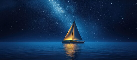 Wall Mural - Tranquil night scene featuring a solitary luxury yacht with a glowing sail under a deep blue sky and vibrant Milky Way, reflecting on calm waters.