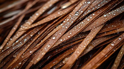 Poster - Climate Change drought concept. Close-up of wet brown leaves with water droplets, showcasing natural beauty and texture.