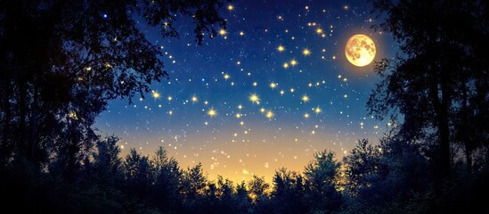 Wall Mural - Starry night sky featuring clouds and a bright moon illuminated against a gradient blue to orange horizon surrounded by dark silhouetted trees.