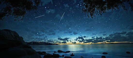 Wall Mural - Night sky panorama showcasing long exposure stars and meteors over a serene lake, with dark rocks in the foreground and a gradient blue sky.