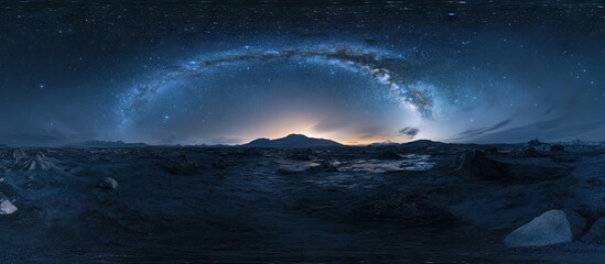 Wall Mural - Panoramic view of the Milky Way in a dark blue night sky with stars arching over a calm ocean and mountains illuminated by the horizon.