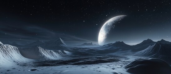 Wall Mural - Luminous moon casting soft light over icy landscape under starry night sky with distant mountains creating a serene, tranquil atmosphere