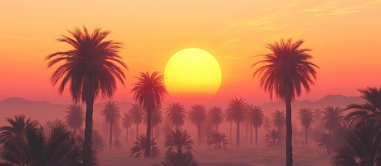Wall Mural - Vibrant sunset over a serene desert landscape with silhouetted palm trees in the foreground amidst warm orange and pink hues creating inspiration.