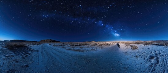 Wall Mural - Panoramic view of a night sky featuring deep blue hues, scattered stars and a subtle grain effect, with a sandy foreground highlighted in white.