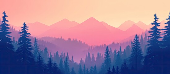 Wall Mural - Misty landscape featuring a fir forest against pastel pink and blue mountains layered in the background with a vintage retro style ambiance.