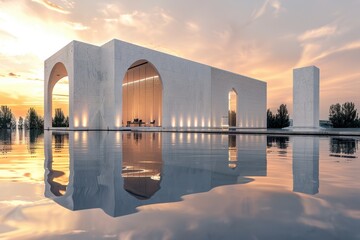 Aufkleber - Modern architectural marvel reflecting on calm waters during sunset in a serene urban landscape