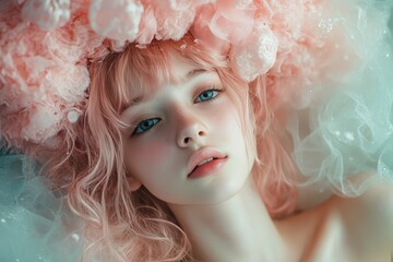 Poster - Artistic portrait of a young woman with pink hair and floral headdress lying on a soft surface in a serene environment