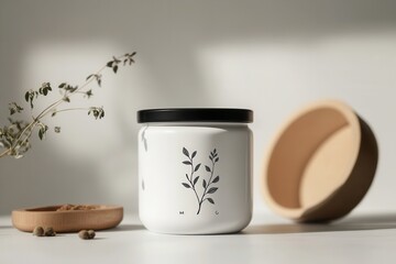 Poster - Elegant minimalist spice jar design showcases fine herbal branding in serene indoor setting
