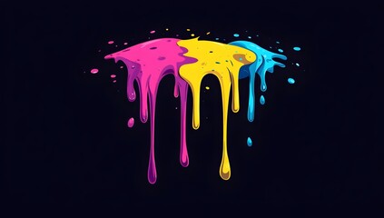 Wall Mural - Vibrant Colorful Dripping Paint in Vector Art Style, Simple Shapes and Flat Colors, Symmetrical Composition on Dark Grey Background