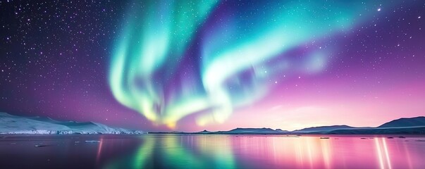 aurora borealis northern lights idea. stunning aurora borealis reflects on serene water under a star