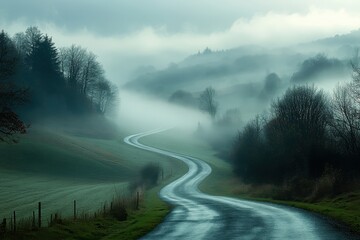 Aufkleber - Winding road through misty hills at dawn in a tranquil rural landscape surrounded by trees and soft fog