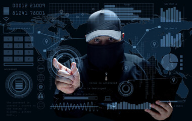 cyber hacker with laptop and digital hud interface