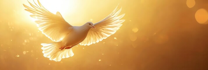 Poster - Minimalist icon of a dove soaring against a radiant golden sun at sunset symbolizing peace and hope