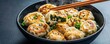 © Worldwide - Meal Prep Made Simple with Plant-Based Protein concept. Delicious Pan-Fried Dumplings with Green Filling and Chopsticks in a Black Bowl