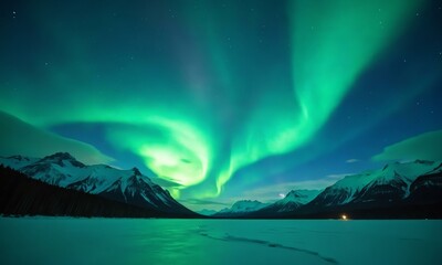 stunning arctic night, aurora swirls across the sky, icy lake reflecting the glowing northern lights